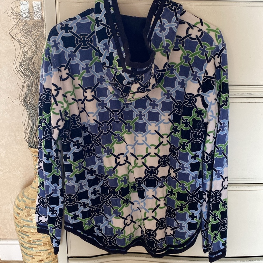 Tory Burch Terry Cloth Hoodie Tunic L chain print blue green white 100% cotton - Picture 2 of 9
